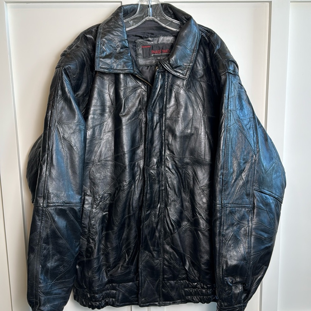 Phase Two Mens Black‎ Leather Patchwork Bomber Jacket 2XT